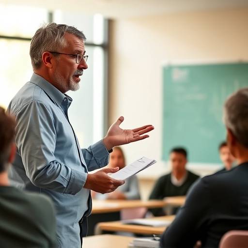 Profesora de oratoria explicando técnicas de comunicación